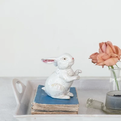 Storied Home Antique Elegance Stoneware Serving Tray With Handles, White 5 Storied Home Antique Elegance Stoneware Serving Tray With Handles, White - Image 3