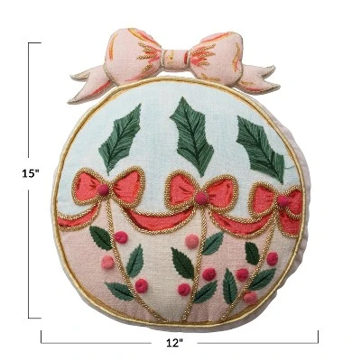 Storied Home Slub Printed Ornament Shaped Pillow With Embroidery, Pom Poms, Holly, Bows, Beads, And Velvet Back, Multicolor 3 Storied Home Slub Printed Ornament Shaped Pillow With Embroidery, Pom Poms, Holly, Bows, Beads, And Velvet Back, Multicolor