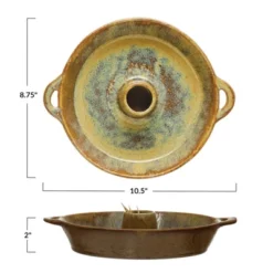 Storied Home Stoneware Dish With Toothpick Holder, Reactive Glaze, Brown (Each One Will Vary)