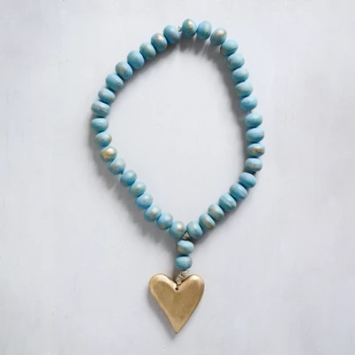 Storied Home Mango Wood Bead Strand With Gold Heart Pendant, Aqua 3 Storied Home Mango Wood Bead Strand With Gold Heart Pendant, Aqua