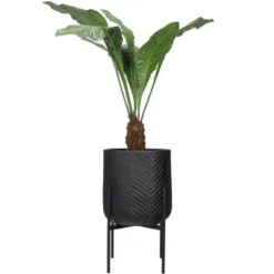Storied Home Round Metal Planter With Chevron Pattern On Stand, Black 9 Storied Home Round Metal Planter With Chevron Pattern On Stand, Black -Interio Store GUEST 6ea5d49f 1272 4b55 8845 9aa007fc88d0