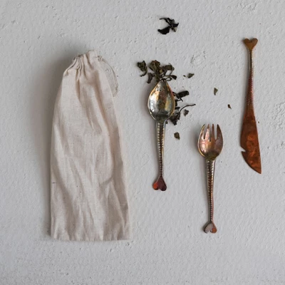 Storied Home Hand Forged Copper Appetizer Cutlery, Set Of 3 In Printed Drawstring Bag, Burnt Finish 5 Storied Home Hand Forged Copper Appetizer Cutlery, Set Of 3 In Printed Drawstring Bag, Burnt Finish - Image 3