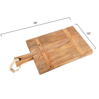 Storied Home Mango Wood Serve Board With Rope On Handle, Natural 3 Storied Home Mango Wood Serve Board With Rope On Handle, Natural
