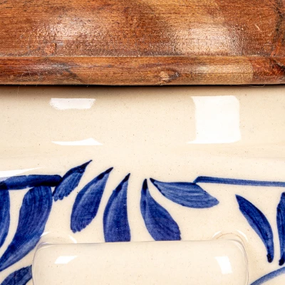 Storied Home Hand-Painted Stoneware Canister With Design, Acacia Wood Lid And Spoon, Cream, Blue And Natural 4 Storied Home Hand-Painted Stoneware Canister With Design, Acacia Wood Lid And Spoon, Cream, Blue And Natural - Image 2