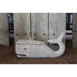 Storied Home Bankuan Rope Whale Box: Nautical Storage Basket With Lid, Bangkuan Grass, Coastal Decor