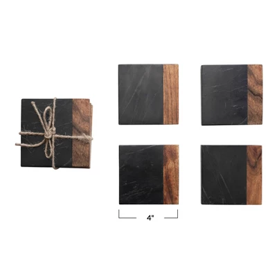 Storied Home Marble And Acacia Wood 2-Tone Coasters, Black And Natural, Set Of 4 3 Storied Home Marble And Acacia Wood 2-Tone Coasters, Black And Natural, Set Of 4