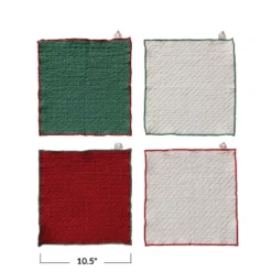 Storied Home 4-Piece Square Waffle Weave Dish Cloths With Colored Stitched Edge, Natural, Green And Red