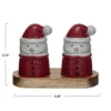 Storied Home Stoneware Santa Shaped Salt And Pepper Shakers On An Acacia Wood Tray, Red, White And Natural