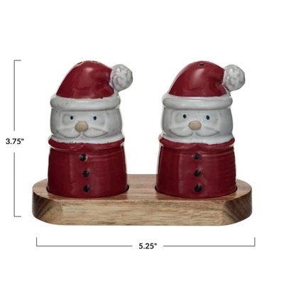 Storied Home Stoneware Santa Shaped Salt And Pepper Shakers On An Acacia Wood Tray, Red, White And Natural 3 Storied Home Stoneware Santa Shaped Salt And Pepper Shakers On An Acacia Wood Tray, Red, White And Natural