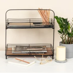 Storied Home 2-Tier Acacia Wood & Metal Stand