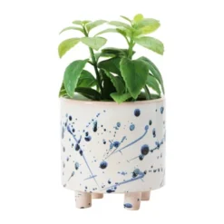 Storied Home Stoneware Footed Planter With Splatter Design, White And Blue -Interio Store GUEST 8eb5f1b0 34b2 43a0 a45f 1abccf44cb04
