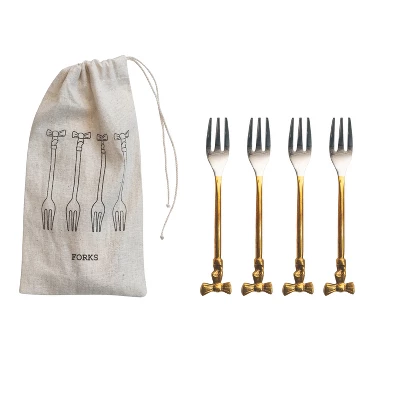 Storied Home 4-Piece Appetizer Forks With Gold Finish Bow Handles, Stainless Steel And Brass 4 Storied Home 4-Piece Appetizer Forks With Gold Finish Bow Handles, Stainless Steel And Brass - Image 2