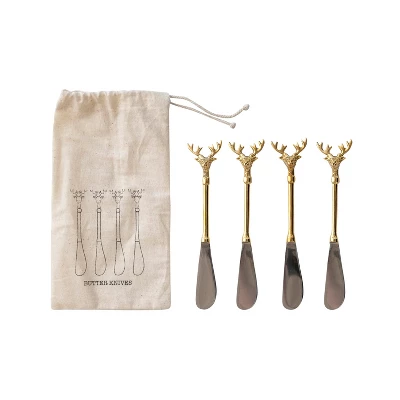 Storied Home Stainless Steel And Brass Canapé Knives With Gold Finish Reindeer Handles, Set Of 4 In Printed Drawstring Bag 5 Storied Home Stainless Steel And Brass Canapé Knives With Gold Finish Reindeer Handles, Set Of 4 In Printed Drawstring Bag - Image 3