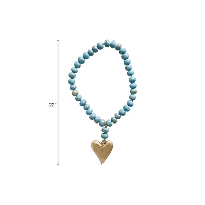Storied Home Mango Wood Bead Strand With Gold Heart Pendant, Aqua 4 Storied Home Mango Wood Bead Strand With Gold Heart Pendant, Aqua - Image 2