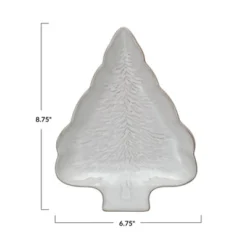 Storied Home Stoneware Tree Shaped Plate With Tree Design With Reactive Glaze, White
