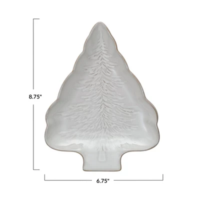 Storied Home Stoneware Tree Shaped Plate With Tree Design With Reactive Glaze, White 3 Storied Home Stoneware Tree Shaped Plate With Tree Design With Reactive Glaze, White