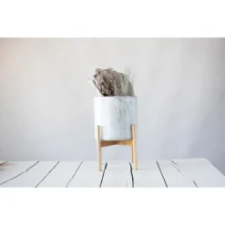 Storied Home Round Stoneware Planter On Wood Holder, White And Natural 11 Storied Home Round Stoneware Planter On Wood Holder, White And Natural -Interio Store GUEST 9cbf4f7a 51aa 4820 bda2 9b867dfe1665