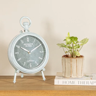 Storied Home Antique Reproduction Pewter Mantel Clock In Soft Blue Finish 4 Storied Home Antique Reproduction Pewter Mantel Clock In Soft Blue Finish - Image 2