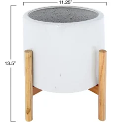 Storied Home Round Stoneware Planter On Wood Holder, White And Natural