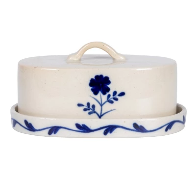 Storied Home Hand-Painted Stoneware Butter Dish With Flower, Blue And White 7 Storied Home Hand-Painted Stoneware Butter Dish With Flower, Blue And White - Image 5