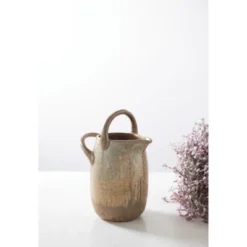 Storied Home Stoneware Watering Pitcher With Handles, Reactive Glaze