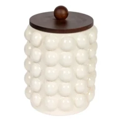 Storied Home Round Stoneware Canister With Raised Dots And Acacia Wood Lid, White And Natural 17 Storied Home Round Stoneware Canister With Raised Dots And Acacia Wood Lid, White And Natural -Interio Store GUEST a3723c53 763e 4954 9873 3dd8021d5a47