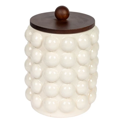 Storied Home Round Stoneware Canister With Raised Dots And Acacia Wood Lid, White And Natural 9 Storied Home Round Stoneware Canister With Raised Dots And Acacia Wood Lid, White And Natural - Image 7