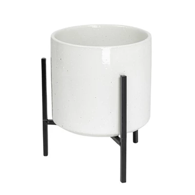 Storied Home Large White Stoneware Flower Pot With Black Metal Stand (Pot With Stand) 9 Storied Home Large White Stoneware Flower Pot With Black Metal Stand (Pot With Stand) - Image 7