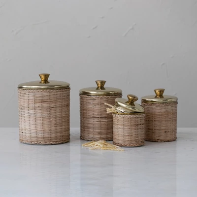 Storied Home Rattan Wrapped Stainless Steel Canisters, Set Of 4, Brass Finish 5 Storied Home Rattan Wrapped Stainless Steel Canisters, Set Of 4, Brass Finish - Image 3