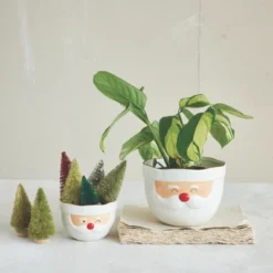 Storied Home Stoneware Santa Head Shaped Mixing Bowl With Red Rim, Red And White