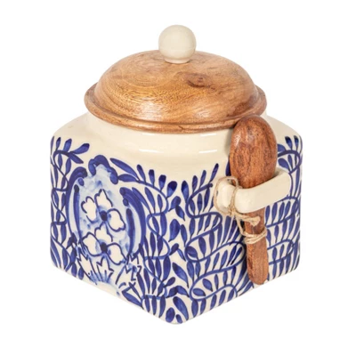 Storied Home Hand-Painted Stoneware Canister With Design, Acacia Wood Lid And Spoon, Cream, Blue And Natural 11 Storied Home Hand-Painted Stoneware Canister With Design, Acacia Wood Lid And Spoon, Cream, Blue And Natural - Image 9