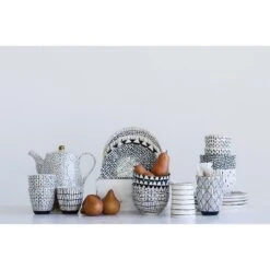 Storied Home White Stoneware Teapot With Black Speckles & Gold Electroplating