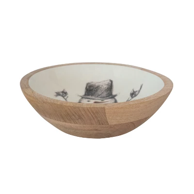 Storied Home Enameled Mango Wood Bowl With Snowman And Bird Image, Red, Black And White 3 Storied Home Enameled Mango Wood Bowl With Snowman And Bird Image, Red, Black And White
