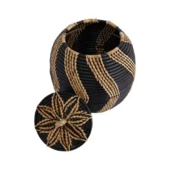 Storied Home Decorative Handwoven Rattan Storage Basket Storage With Lid, Natural And Black -Interio Store GUEST b3fdda1b b1a0 4b4c 882d e25d46b13552