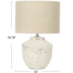 Storied Home Cement Table Lamp With Linen Shade, Distressed White