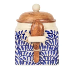 Storied Home Hand-Painted Stoneware Canister With Design, Acacia Wood Lid And Spoon, Cream, Blue And Natural 13 Storied Home Hand-Painted Stoneware Canister With Design, Acacia Wood Lid And Spoon, Cream, Blue And Natural -Interio Store GUEST baadd426 d24c 4baa 927a 219dcd8f7fc4