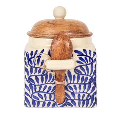Storied Home Hand-Painted Stoneware Canister With Design, Acacia Wood Lid And Spoon, Cream, Blue And Natural 5 Storied Home Hand-Painted Stoneware Canister With Design, Acacia Wood Lid And Spoon, Cream, Blue And Natural - Image 3