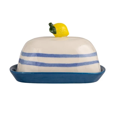 Storied Home Hand-Painted Stoneware Butter Dish With Lemon Shaped Handle And Stripes, Multicolor 6 Storied Home Hand-Painted Stoneware Butter Dish With Lemon Shaped Handle And Stripes, Multicolor - Image 4