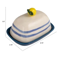 Storied Home Hand-Painted Stoneware Butter Dish With Lemon Shaped Handle And Stripes, Multicolor