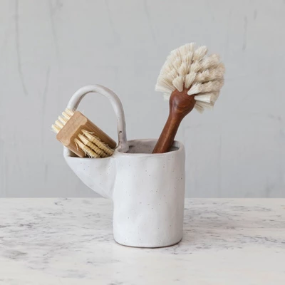 Storied Home Stoneware Sponge And Dish Brush Holder, White Speckled Finish 3 Storied Home Stoneware Sponge And Dish Brush Holder, White Speckled Finish