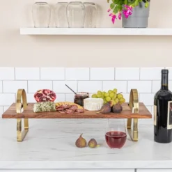 Storied Home Acacia Wood Serving Board On Gold Stand