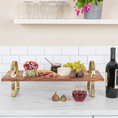 Storied Home Acacia Wood Serving Board On Gold Stand 3 Storied Home Acacia Wood Serving Board On Gold Stand