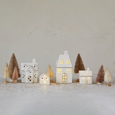 Storied Home Stoneware Village With LED Lights And Electroplating, White, Set Of 4 4 Storied Home Stoneware Village With LED Lights And Electroplating, White, Set Of 4 - Image 2