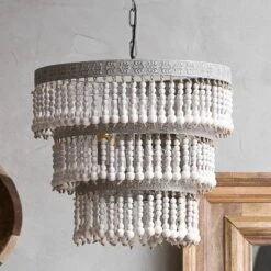 3-Tier Round Metal Chandelier With 3 Lights And Hanging Wood Beads Cream - Storied Home -Interio Store GUEST ca6d316d 5c26 47ed 87b0 d32c2d3c9e65
