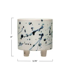 Storied Home Stoneware Footed Planter With Splatter Design, White And Blue