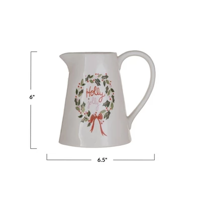 Storied Home 1 Quart Stoneware Pitcher With Gold Electroplating "Holly Jolly", Multicolor 3 Storied Home 1 Quart Stoneware Pitcher With Gold Electroplating "Holly Jolly", Multicolor