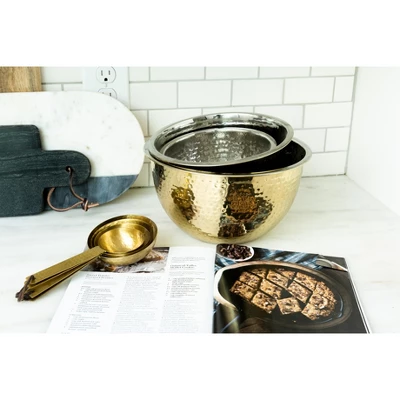 Storied Home Transitional Hammered Stainless Steel Bowls, Gold Finish, Set Of 3 Sizes 3 Storied Home Transitional Hammered Stainless Steel Bowls, Gold Finish, Set Of 3 Sizes