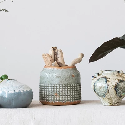 Storied Home Round Terra-cotta Hobnail Planter Vase With Heavily Distressed Finish 3 Storied Home Round Terra-cotta Hobnail Planter Vase With Heavily Distressed Finish