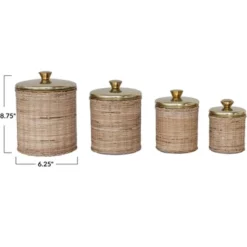Storied Home Rattan Wrapped Stainless Steel Canisters, Set Of 4, Brass Finish