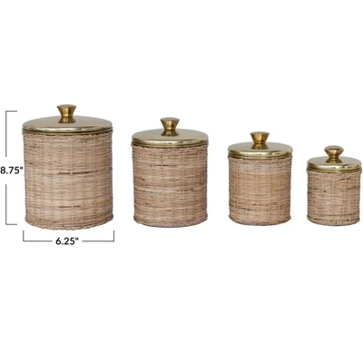 Storied Home Rattan Wrapped Stainless Steel Canisters, Set Of 4, Brass Finish 3 Storied Home Rattan Wrapped Stainless Steel Canisters, Set Of 4, Brass Finish